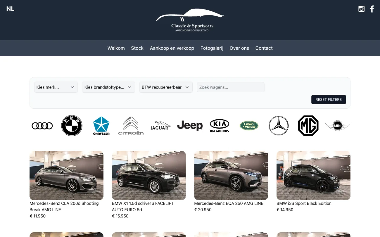 Screenshot van de website van Classic and Sports Cars